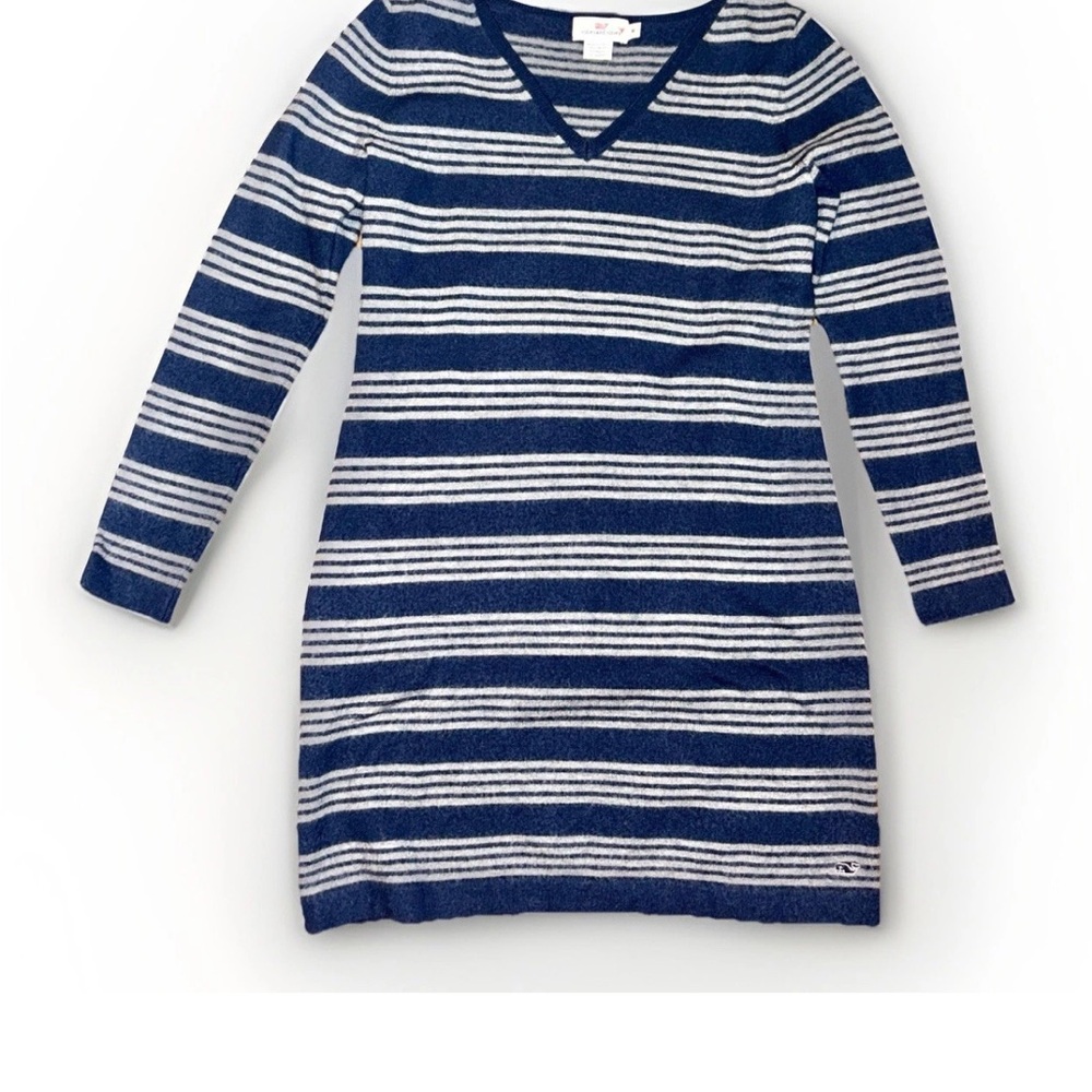 Vineyard Vines Wool Blend Striped Sweater Dress Navy Gray Whale Logo M